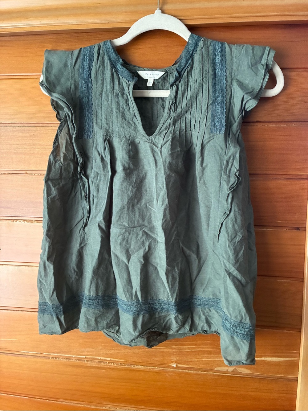 Lucky Brand Teal Green Pintuck Flutter Sleeve Blouse cotton